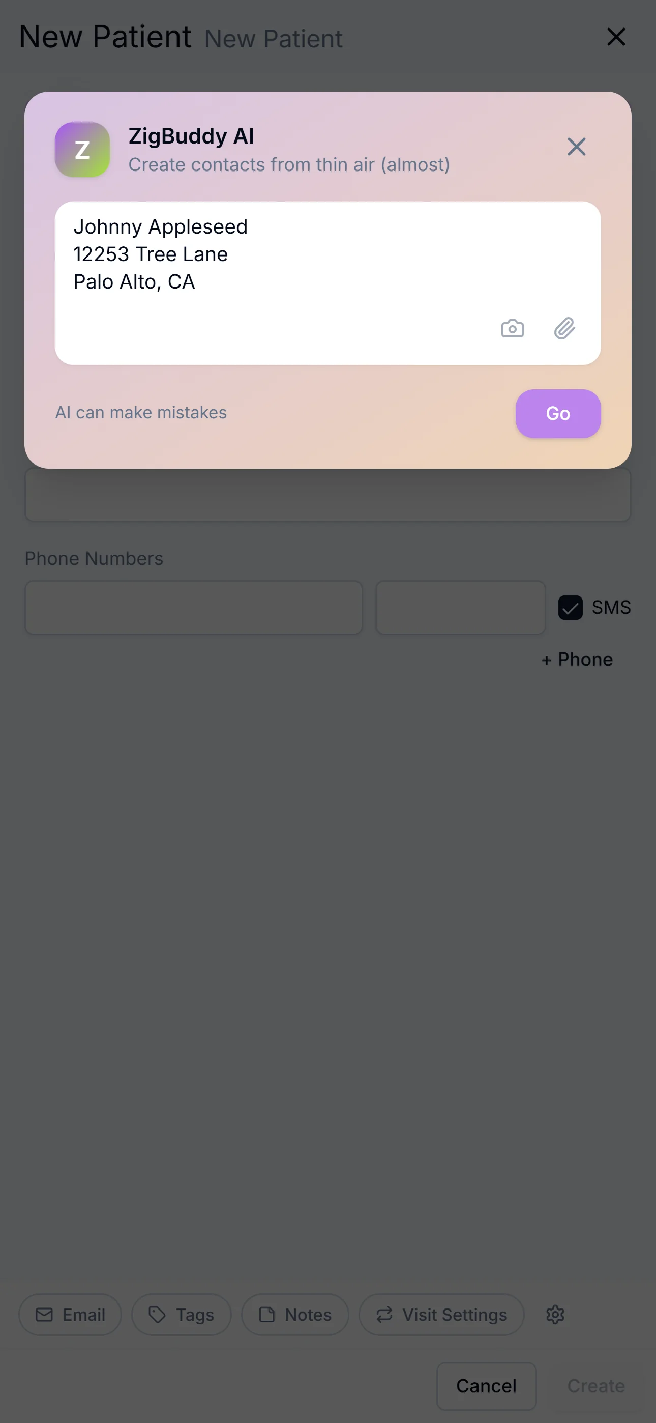 ZigBuddy AI accepting a pasted patient referral on the New Patient screen — name and address ready to extract.