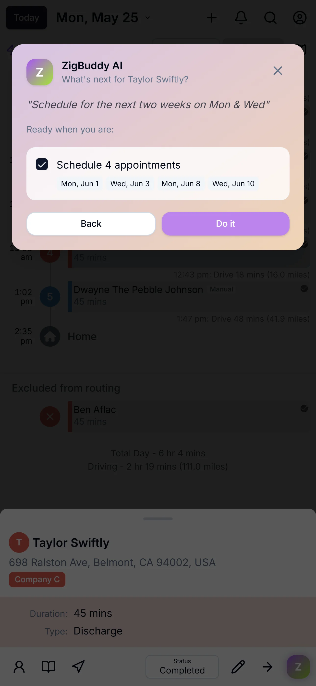 ZigBuddy AI's schedule preview — 4 proposed appointments listed by date, with a Do It button.