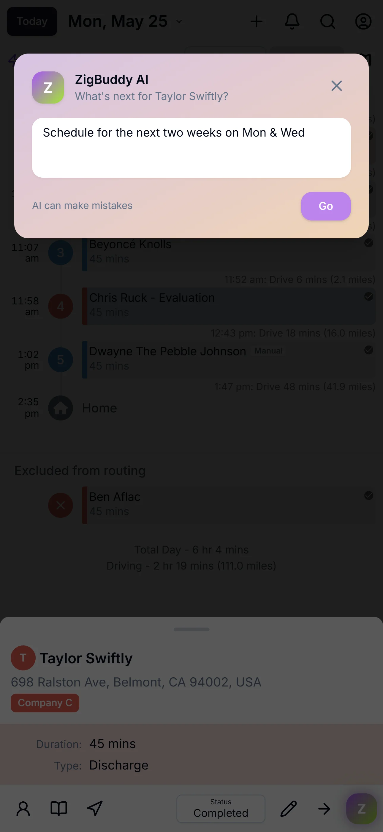 ZigBuddy AI accepting plain-English scheduling: 'Schedule for the next two weeks on Mon & Wed.'