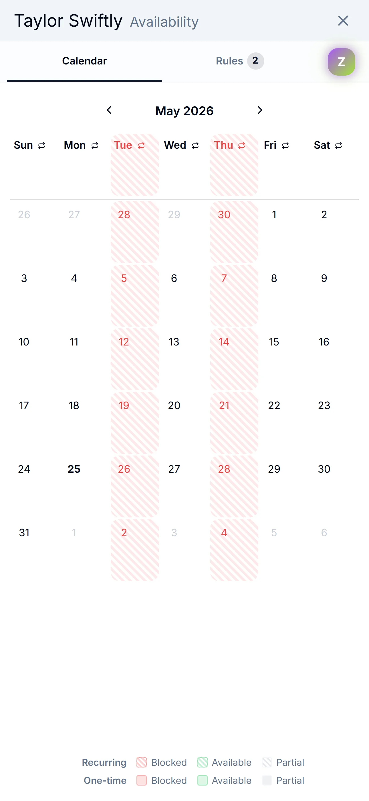 A patient availability calendar with diagonal-stripe Recurring Blocked days and solid one-time blocked days.