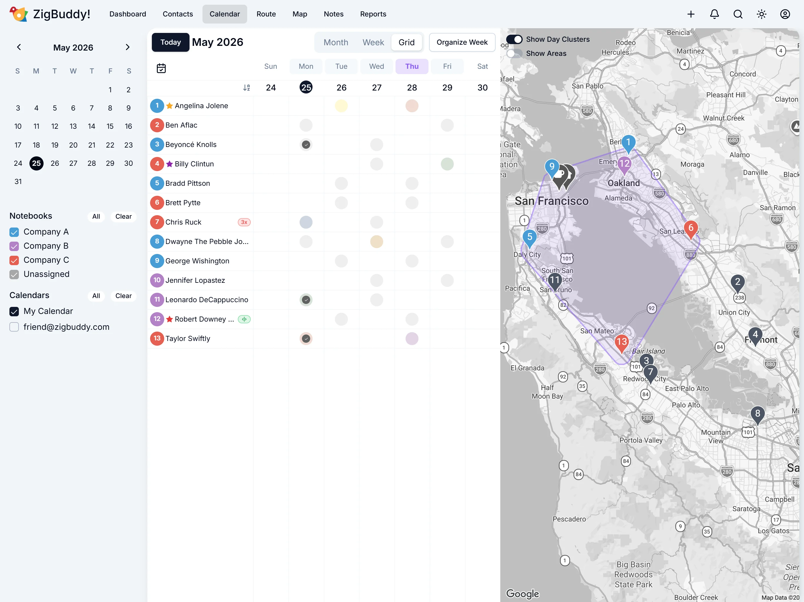 ZigBuddy Calendar Grid view: patients down the rows, days across the columns, scheduled visits checked.
