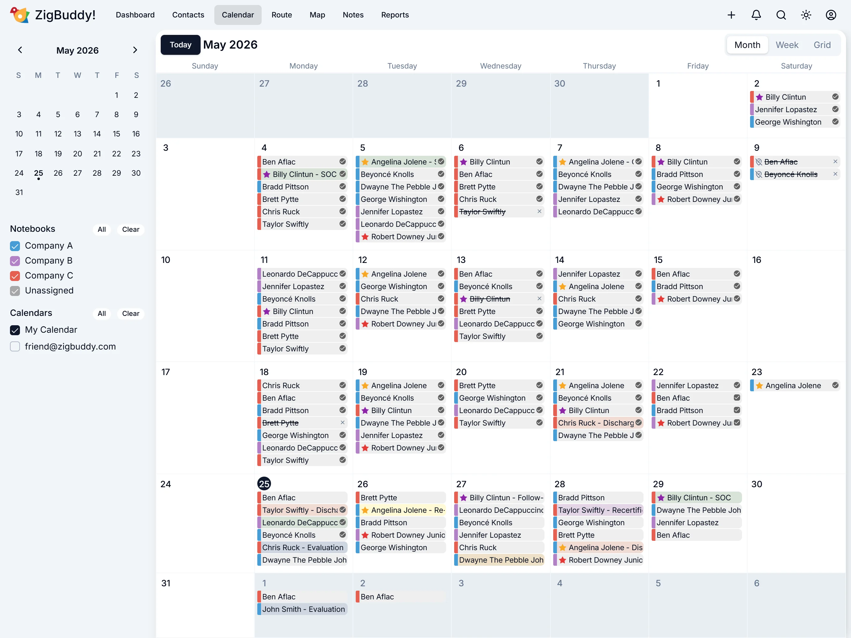 ZigBuddy Calendar Month view: full-month grid with color-coded event blocks across each day.