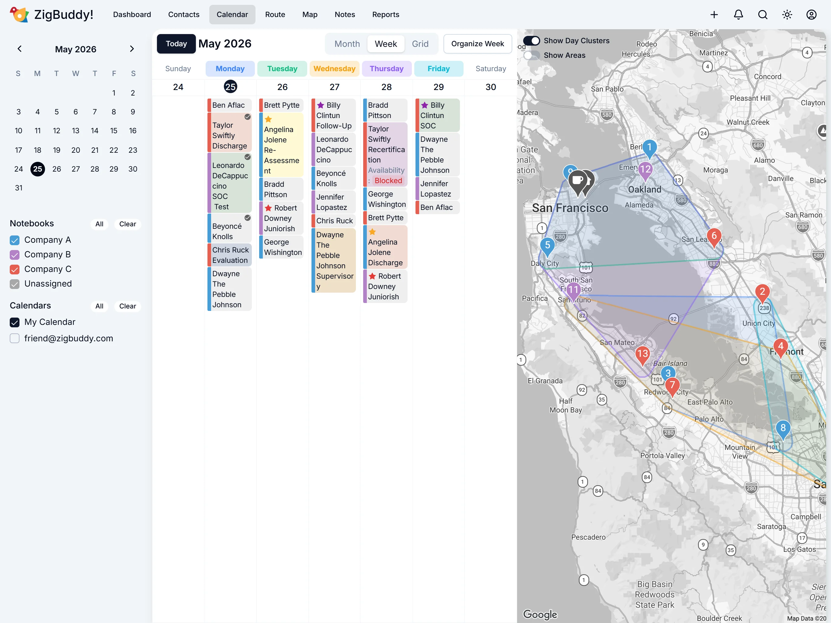 ZigBuddy Calendar Week view: 7-day columns with timed event blocks.