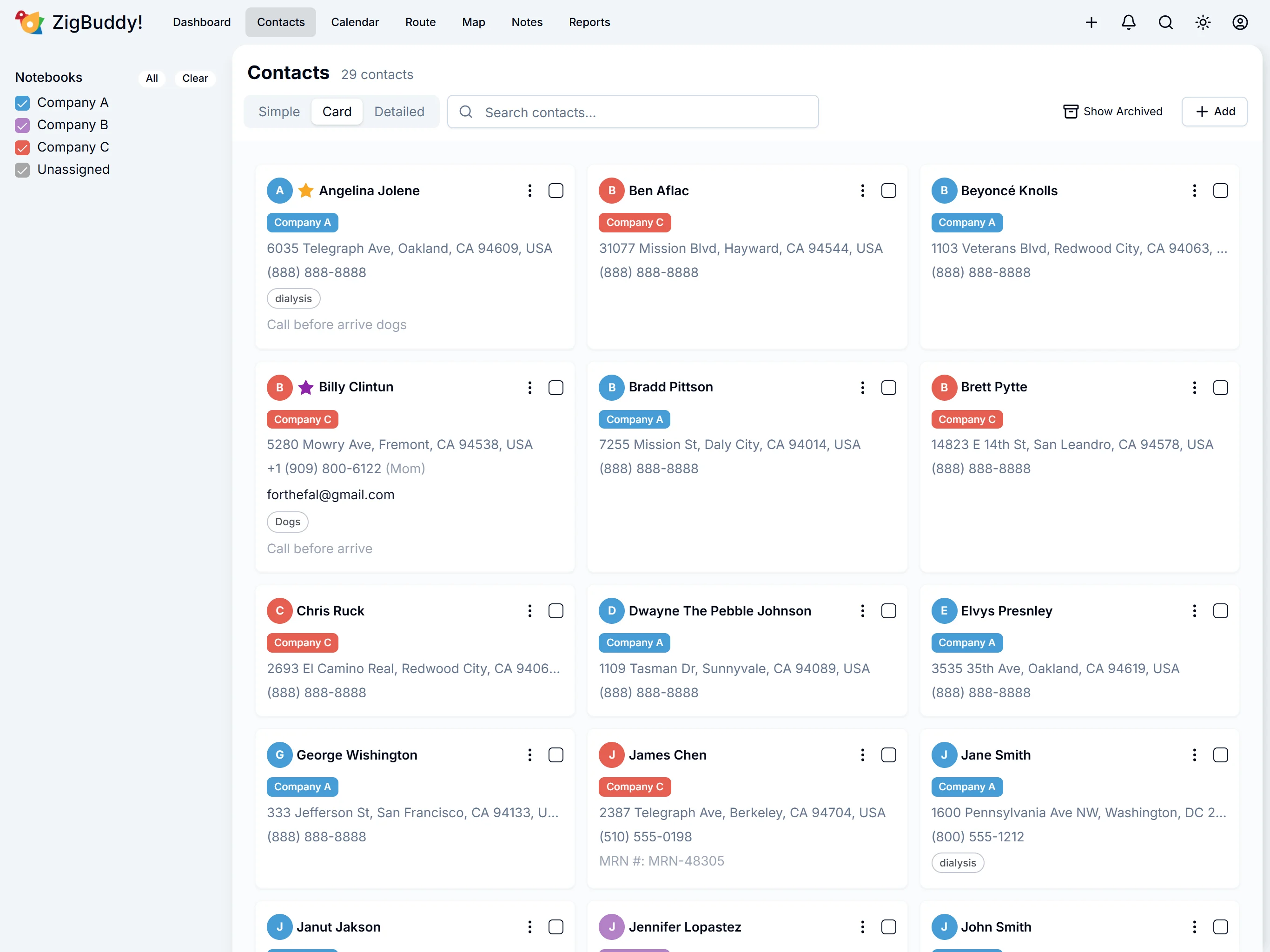 ZigBuddy Patients in the browser: full roster with notebook color codes, tags, stars, and a search bar across every field.