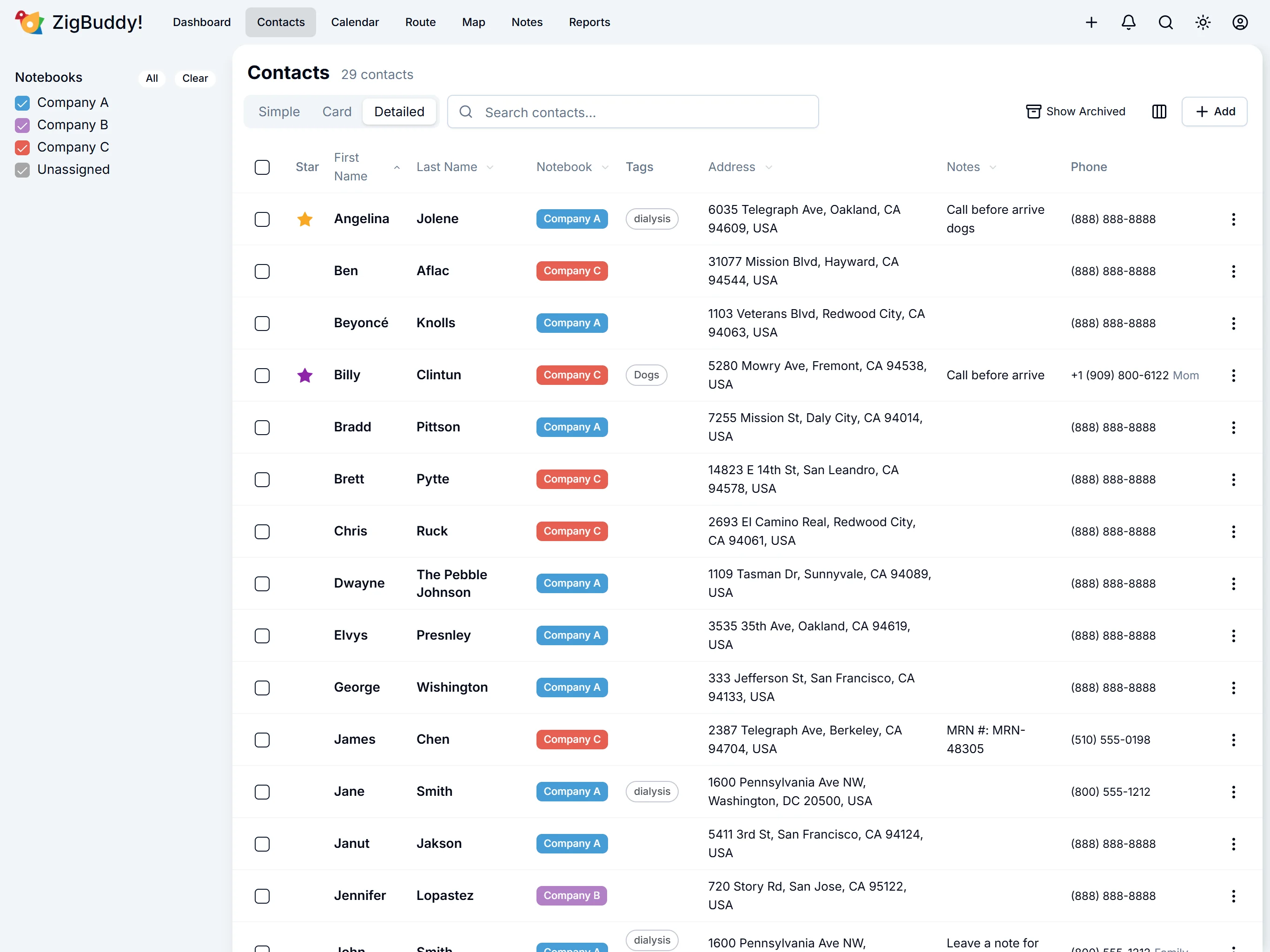 ZigBuddy on the desktop: full patient roster in a sortable table with notebook color codes, tags, and status — what an agency sees from their account.