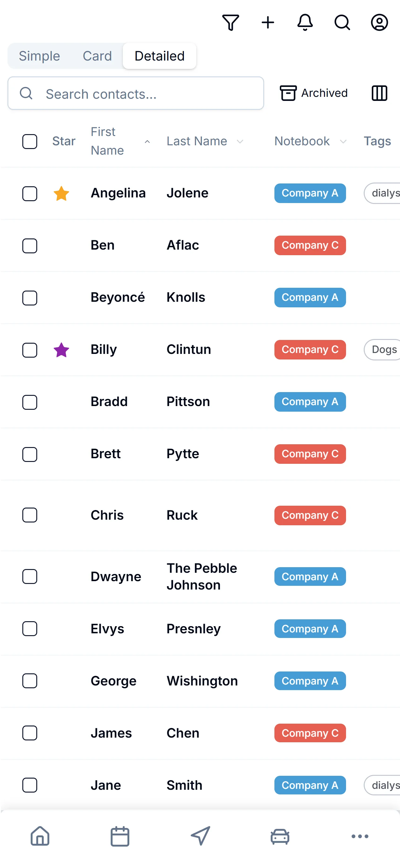 ZigBuddy Patients in Detailed view — spreadsheet-like sortable columns for star, name, notebook, tags.
