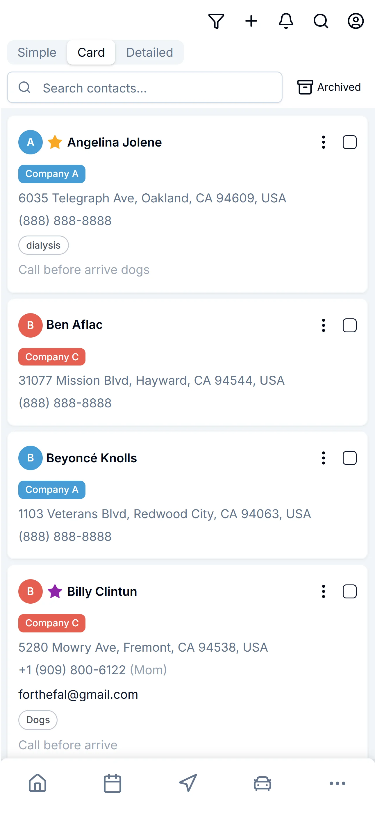 ZigBuddy Patients in Card view — each patient on its own card with notebook chip, address, phone, tags, and a note.