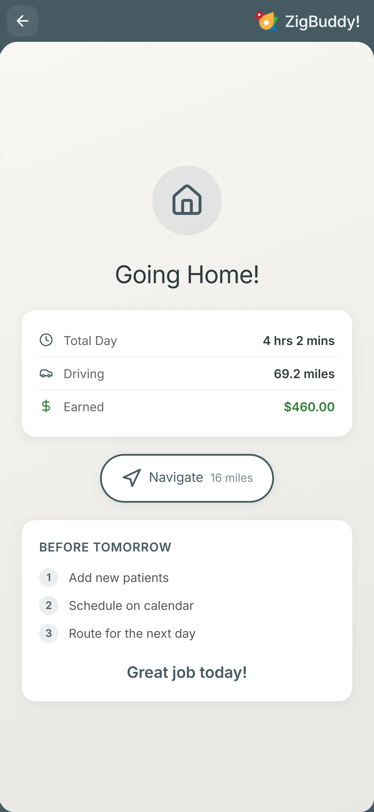 Drive Mode done: Going Home, 4 hours 2 minutes total, 69.2 miles, $460 earned, with a Before Tomorrow checklist.