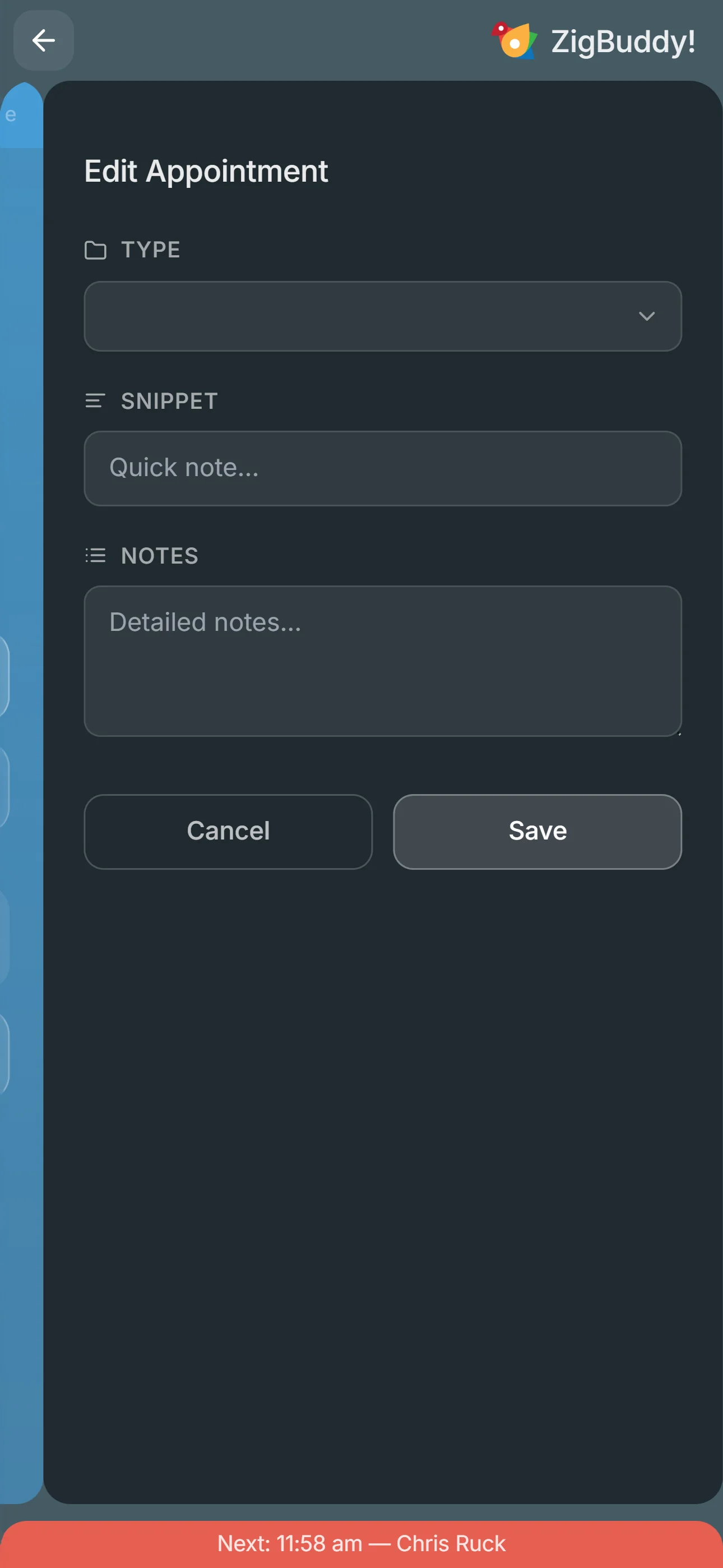 Drive Mode quick-edit panel: Type, Snippet, and Notes fields appear inside Drive Mode without leaving the flow.