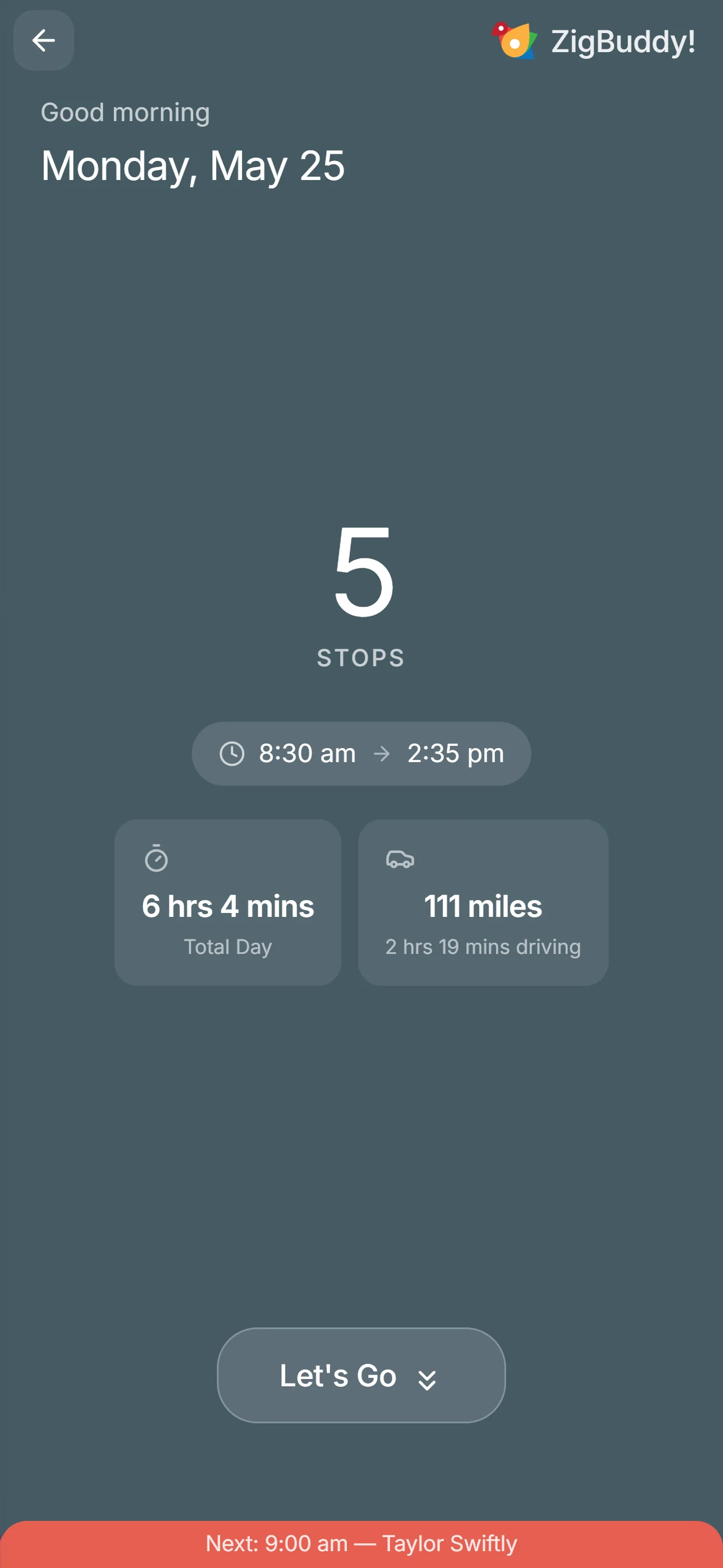 Drive Mode overview: 5 stops, 6 hours 4 minutes total, 111 miles, with a 'Let's Go' button.
