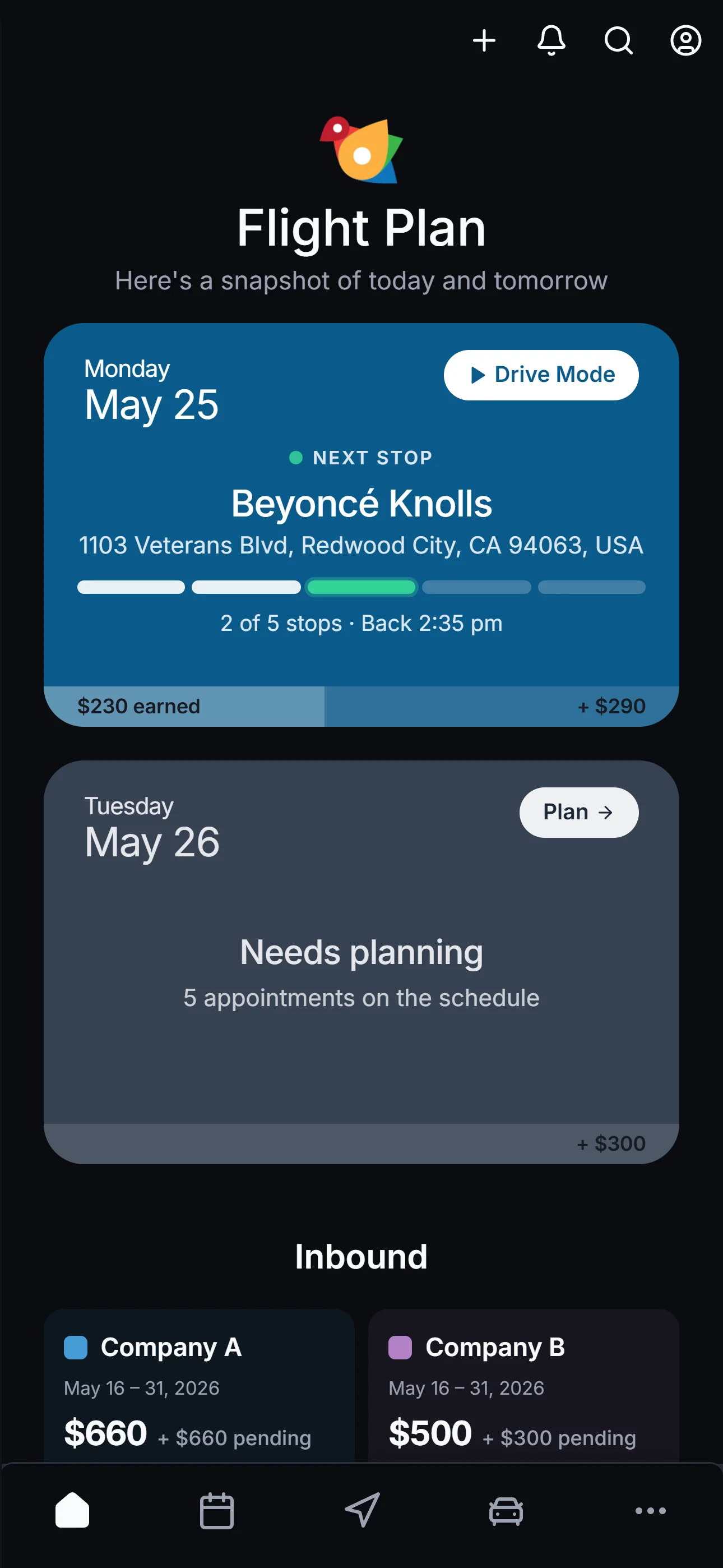 ZigBuddy Flight Plan home screen: today is Sunday May 24, ready to roll with a Drive Mode button. Tomorrow needs planning.