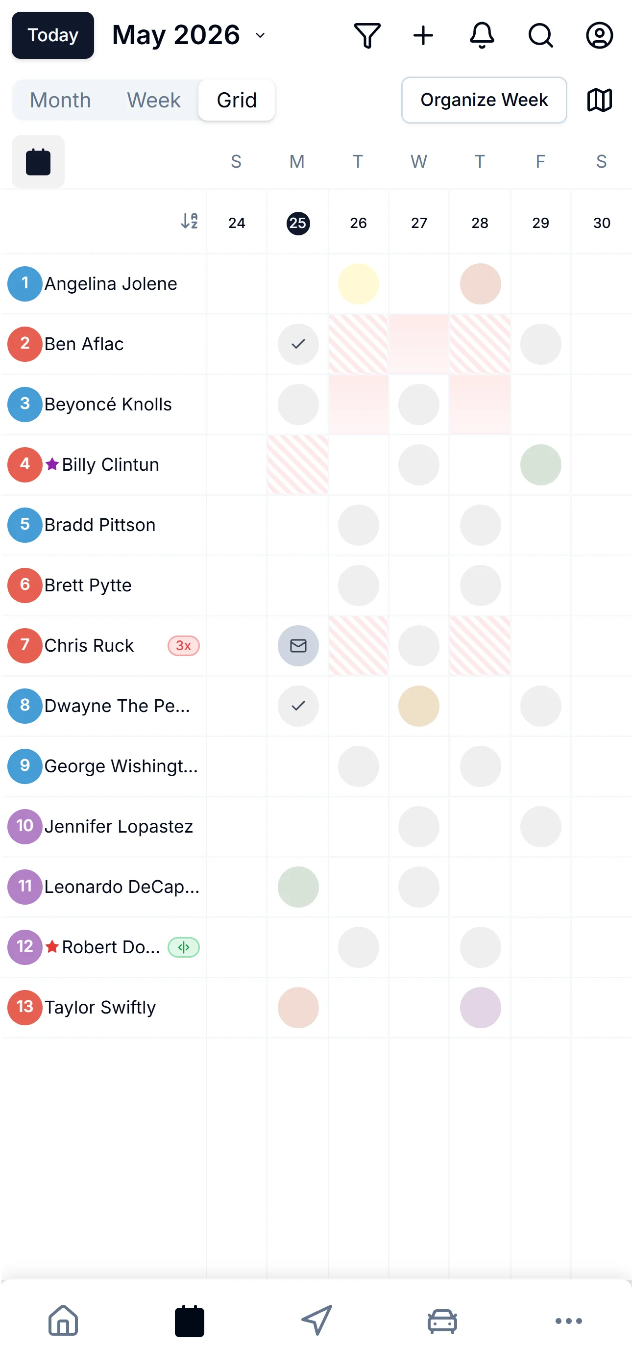 Calendar Grid view: all patients down the rows, days across — diagonal-stripe availability blocks show right in the cells so you can see who can't see you this week, at a glance.