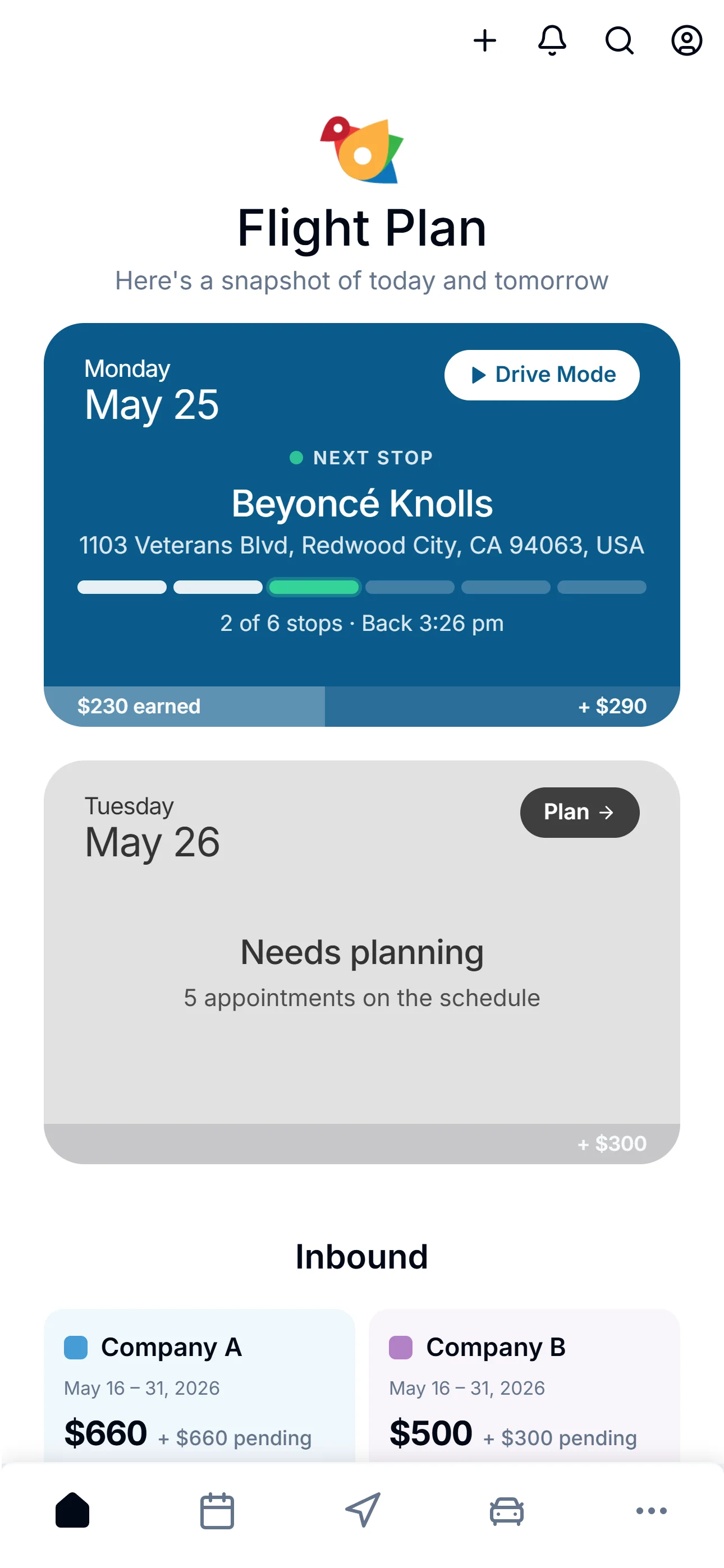 ZigBuddy Flight Plan mid-day: next stop Beyoncé Knolls, 2 of 6 complete, $230 earned with the route in progress.