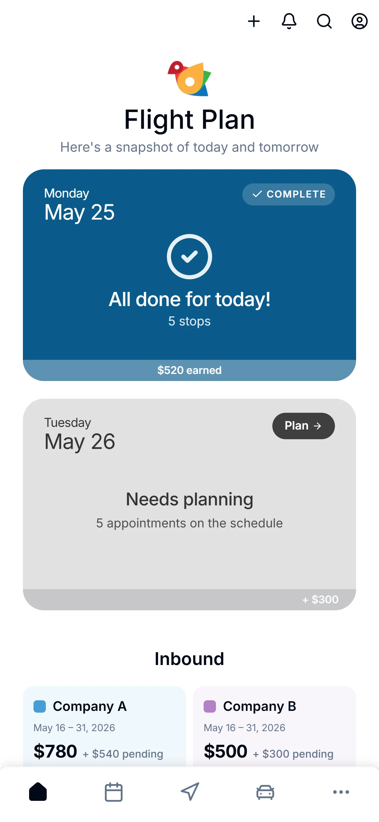 ZigBuddy Flight Plan at the end of the day: All done for today, 5 stops, $520 earned, COMPLETE badge.