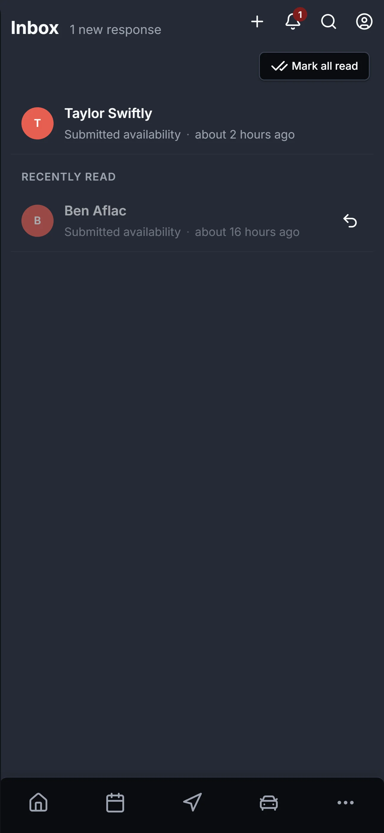 ZigBuddy inbox in dark mode showing 'Ben Aflac — Submitted availability — 1 minute ago' with Mark all read action.