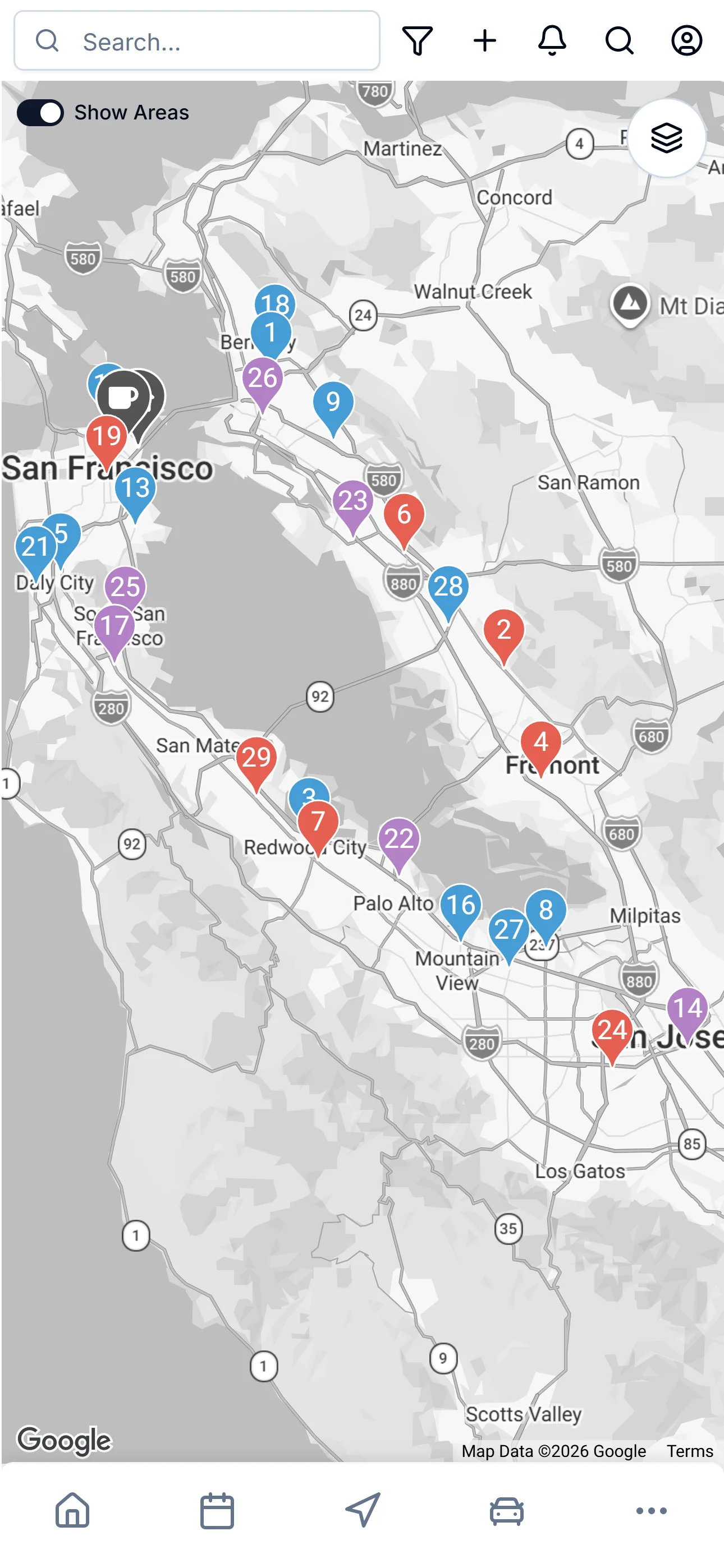 ZigBuddy Map in light mode: 28 patient pins across the San Francisco Bay Area, color-coded by notebook, with a Show Areas toggle and Search bar at the top.