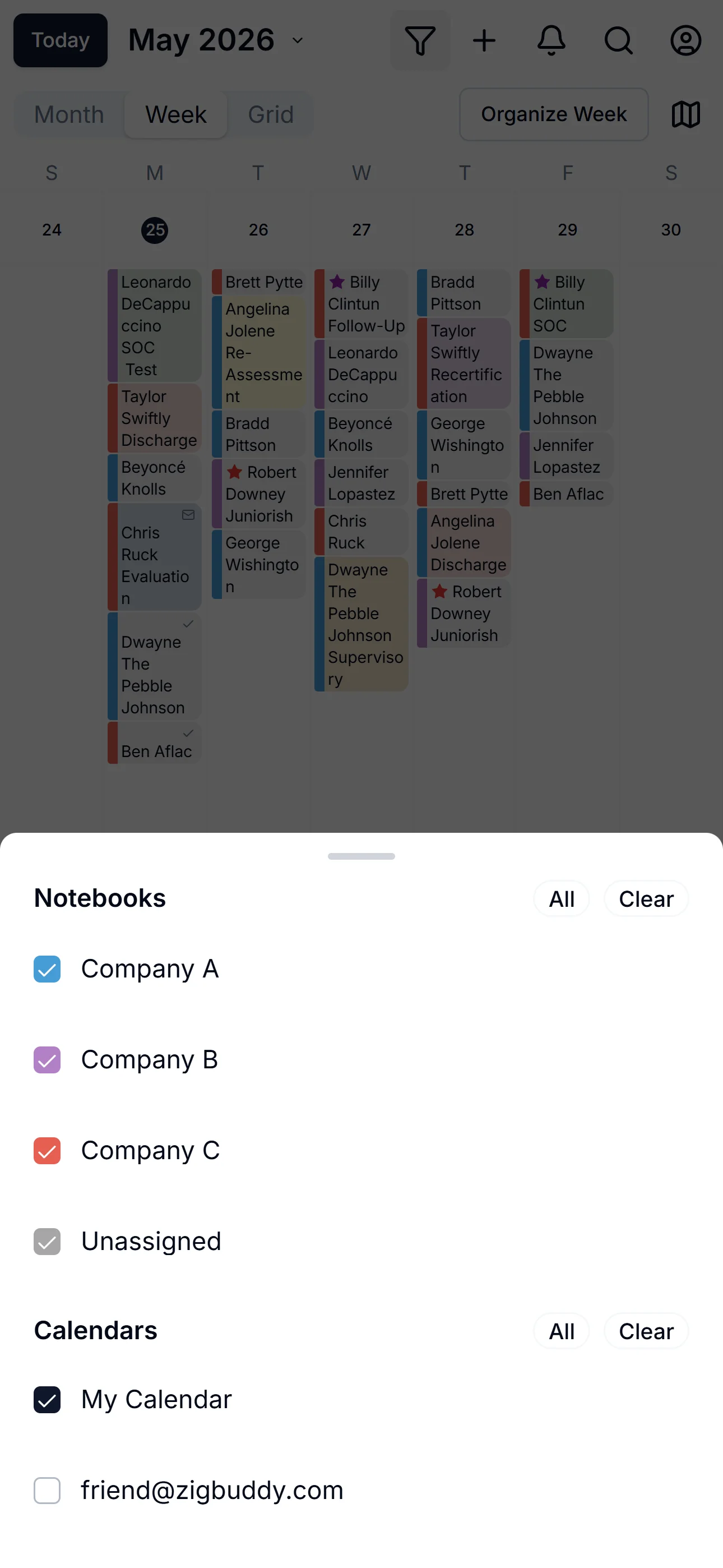 A notebook filter sheet showing Company A, B, C, and Prime as colored checkboxes.