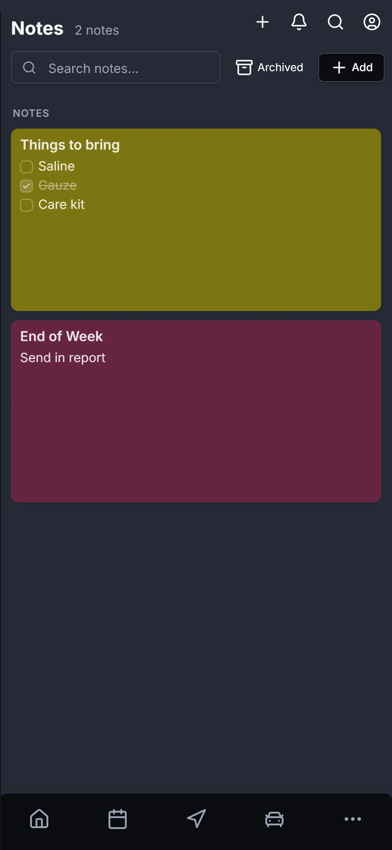 The same Notes screen in dark mode — yellow and pink sticky notes with darker, saturated backgrounds.