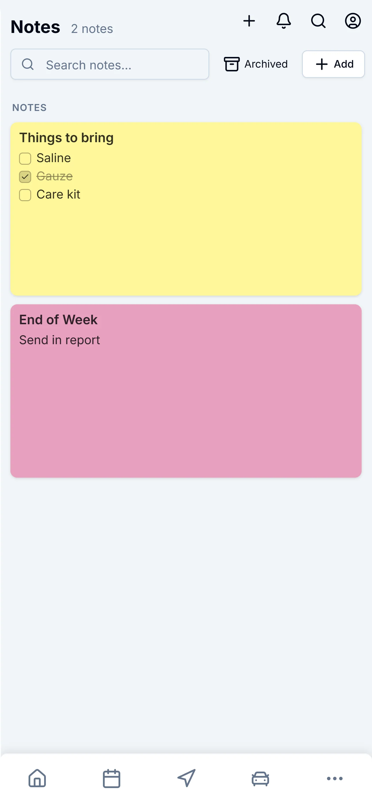 ZigBuddy Notes: a yellow sticky 'Things to bring' with checklist items Saline, Care kit, and a struck-through Gauze; plus a pink 'End of Week — Send in report' note.