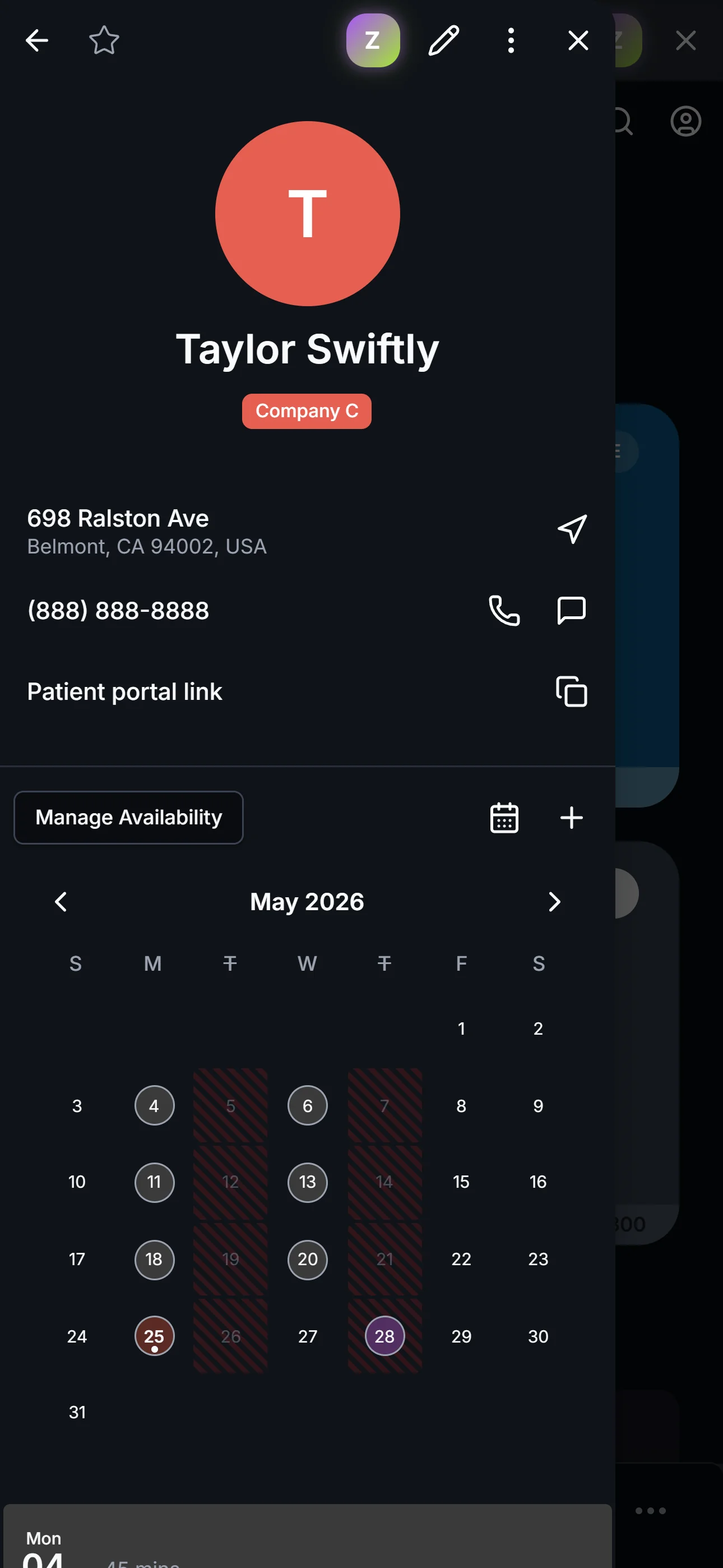 The same patient profile in dark mode — same layout, deep ink background, color-coded chips and tags pop against the dark surface.