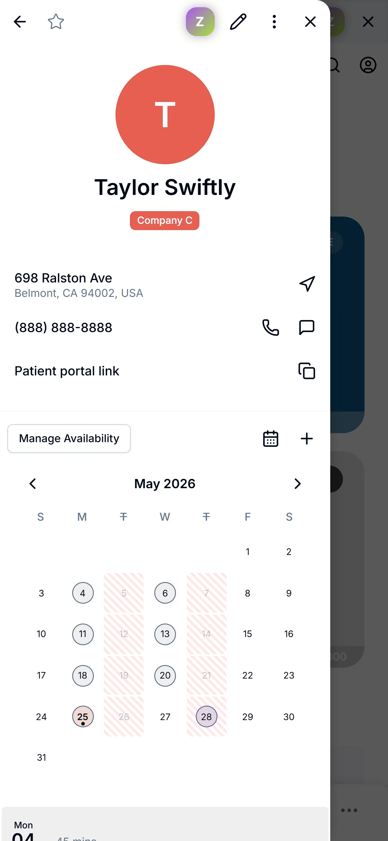 ZigBuddy patient profile in light mode: hero card with name and address, action row (Schedule, Availability, Notes), notebook chip, tags, multiple phone numbers, and pinned info.