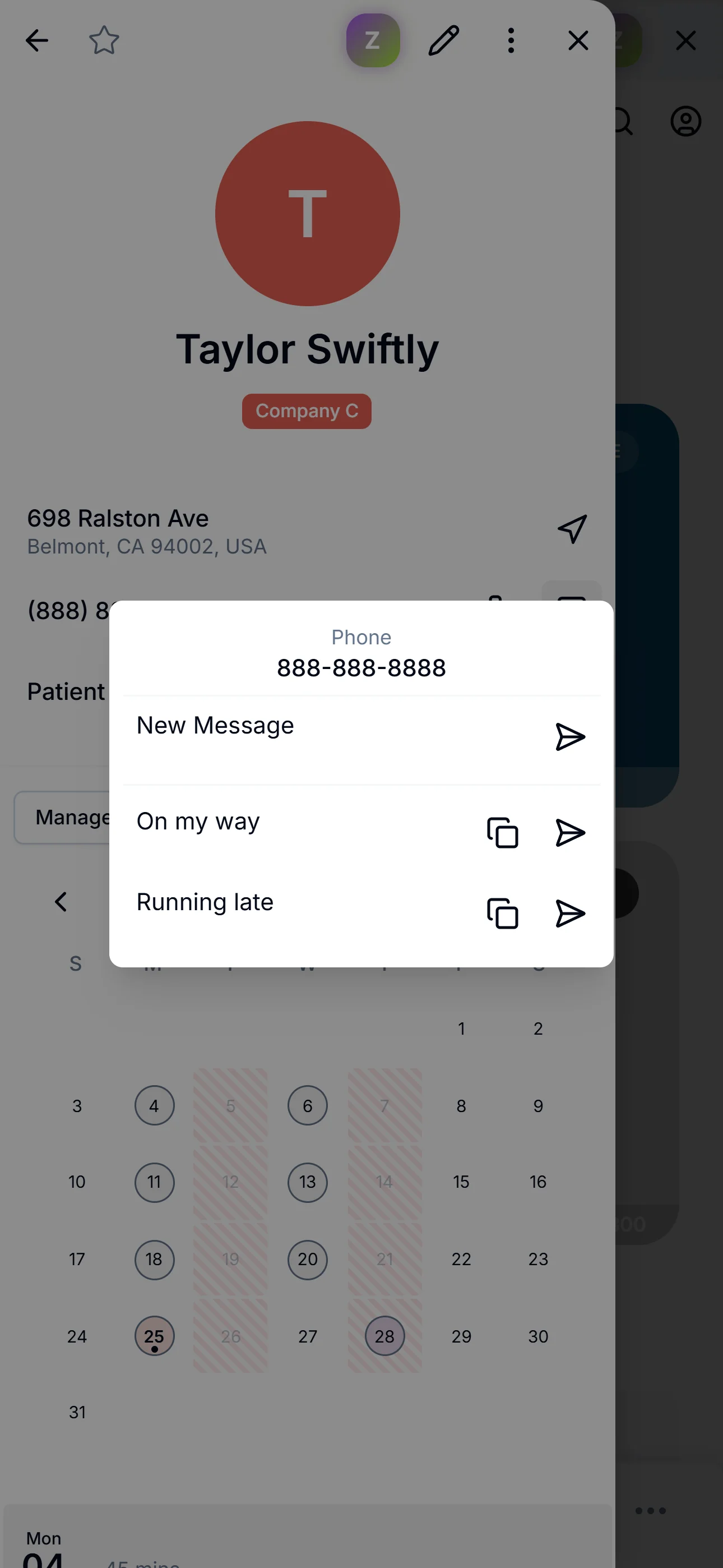 A phone overlay over Taylor Swiftly's contact: the number 888-888-8888 sits at top, with three rows beneath — New Message, On my way, and Running late — each with copy and send icons.