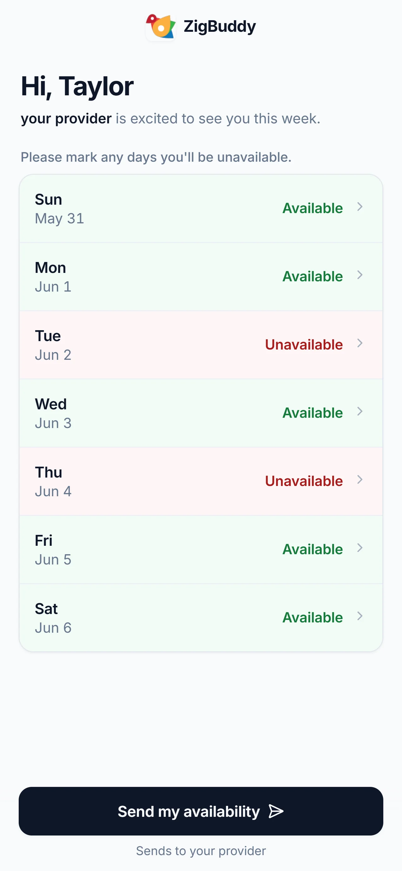 ZigBuddy patient portal: a friendly day-by-day availability picker that opens in any browser.