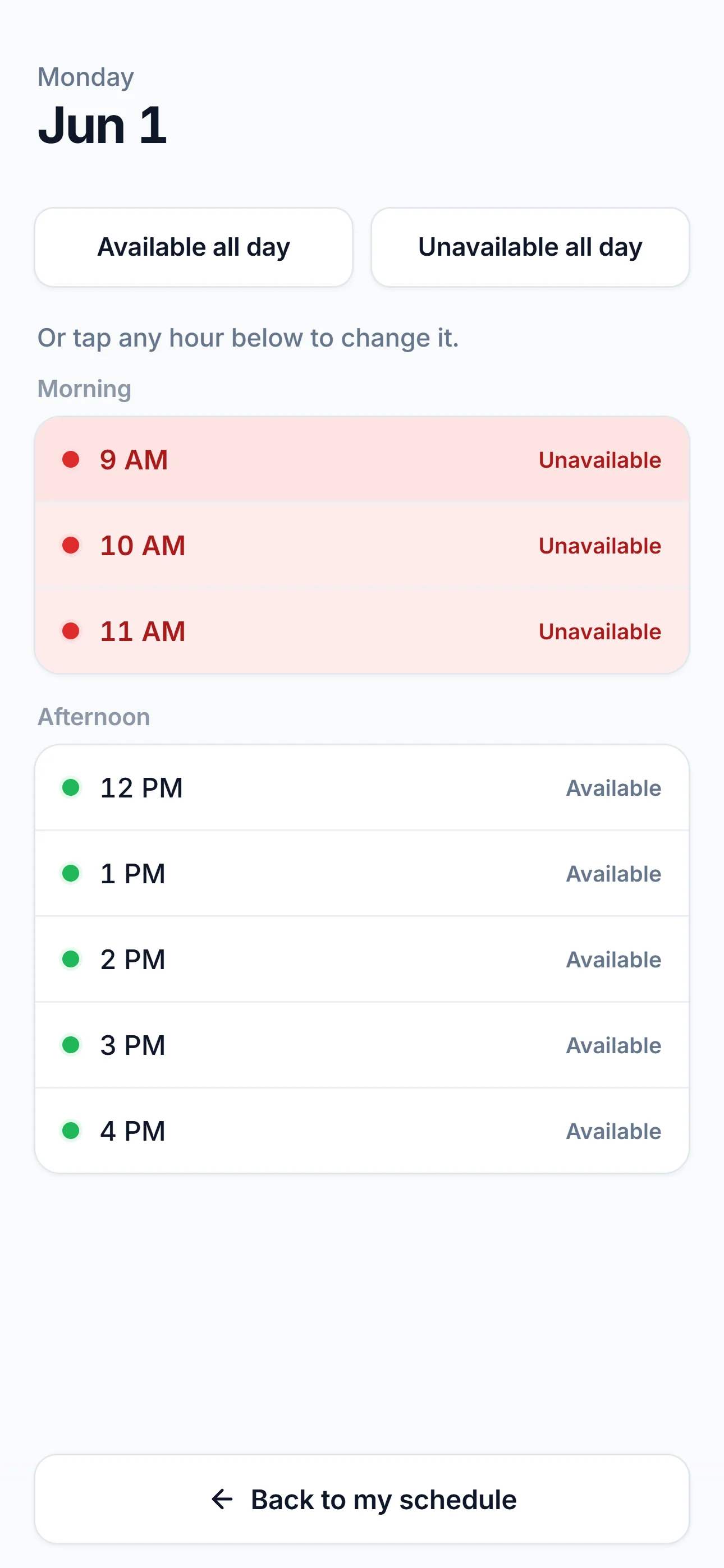Hour-by-hour availability for Monday June 1, with Available all day vs. Unavailable all day buttons plus per-hour toggles.