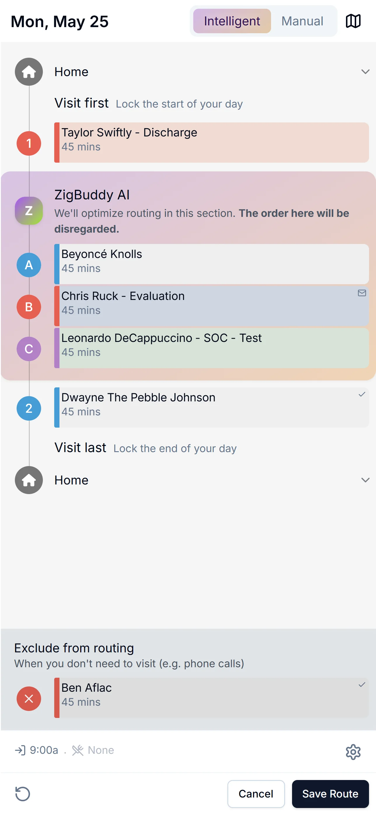 Intelligent routing view: 'Visit first' locks the start of the day, ZigBuddy AI optimizes a middle section of three stops (A, B, C), 'Visit last' locks the end. Phone-call patients can be excluded from routing entirely.