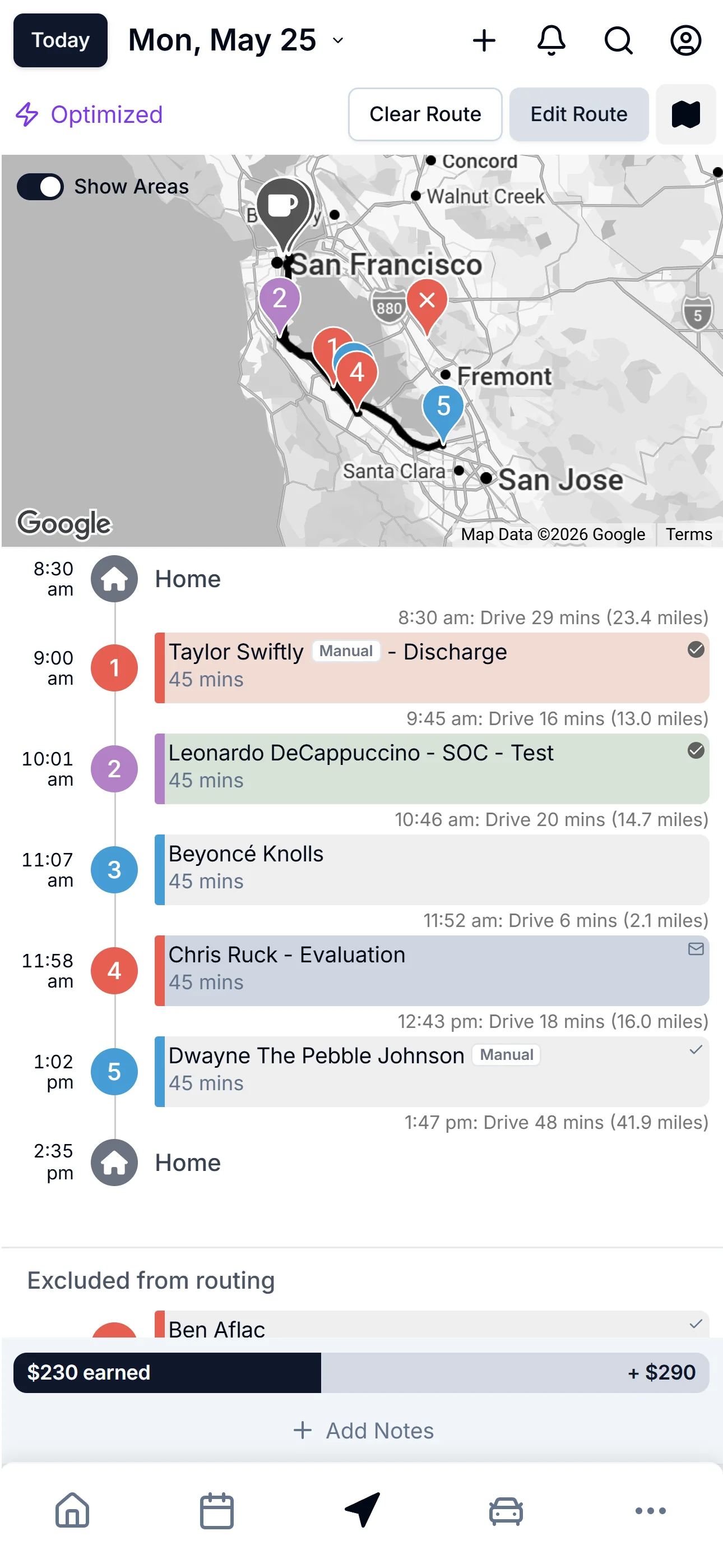 ZigBuddy route screen with map, color-coded pins, and a timeline of stops with drive times.