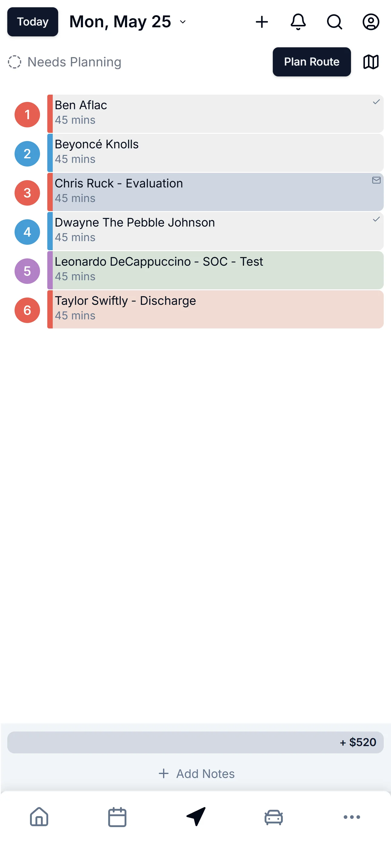 The route screen before optimization: stops listed in the order they were added, with longer drive times in between.